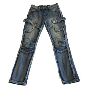 Denim & Rivets Jeans Women 14 (27x26) Slim Fit Frayed Deconstructed Cargo Blue
